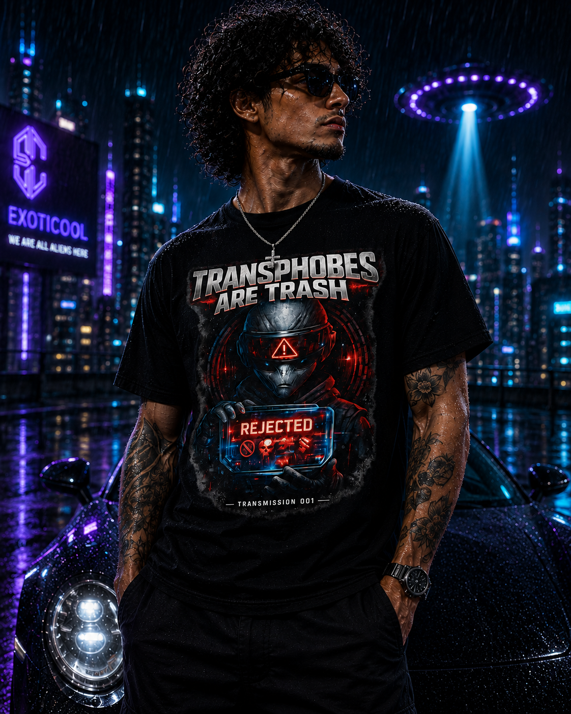 Close-up of the Exoticool Transphobes Are Trash black graphic t-shirt featuring premium DTG alien artwork, cotton fabric texture, and high-quality streetwear craftsmanship.