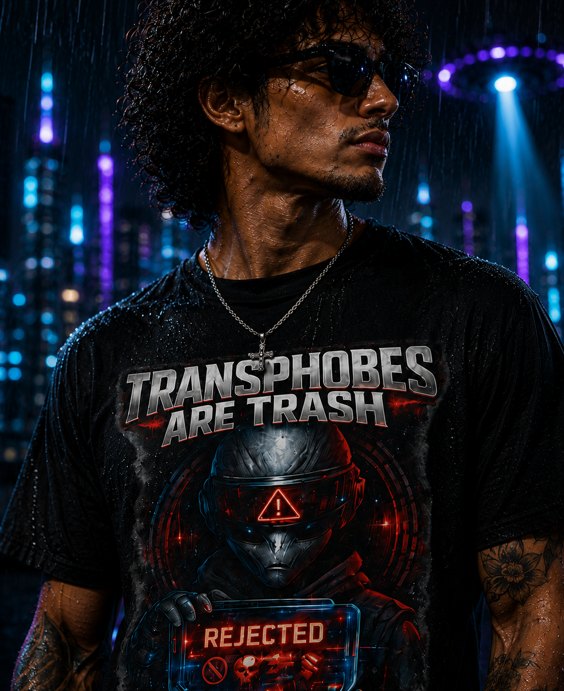 Exoticool Transphobes Are Trash black graphic t-shirt rear view featuring the RESPECT. EXIST. EVOLVE. back design, cyberpunk streetwear and alien-inspired fashion.