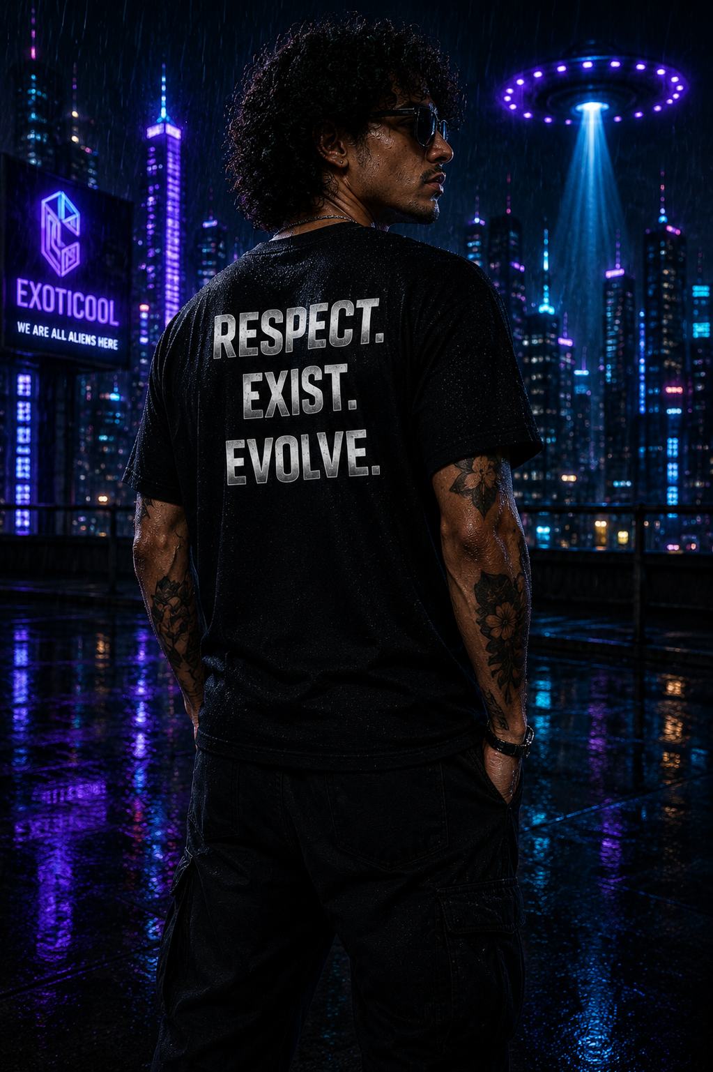 Exoticool Transphobes Are Trash graphic t-shirt close-up featuring premium DTG alien artwork, black cyberpunk streetwear tee with detailed front print on model.