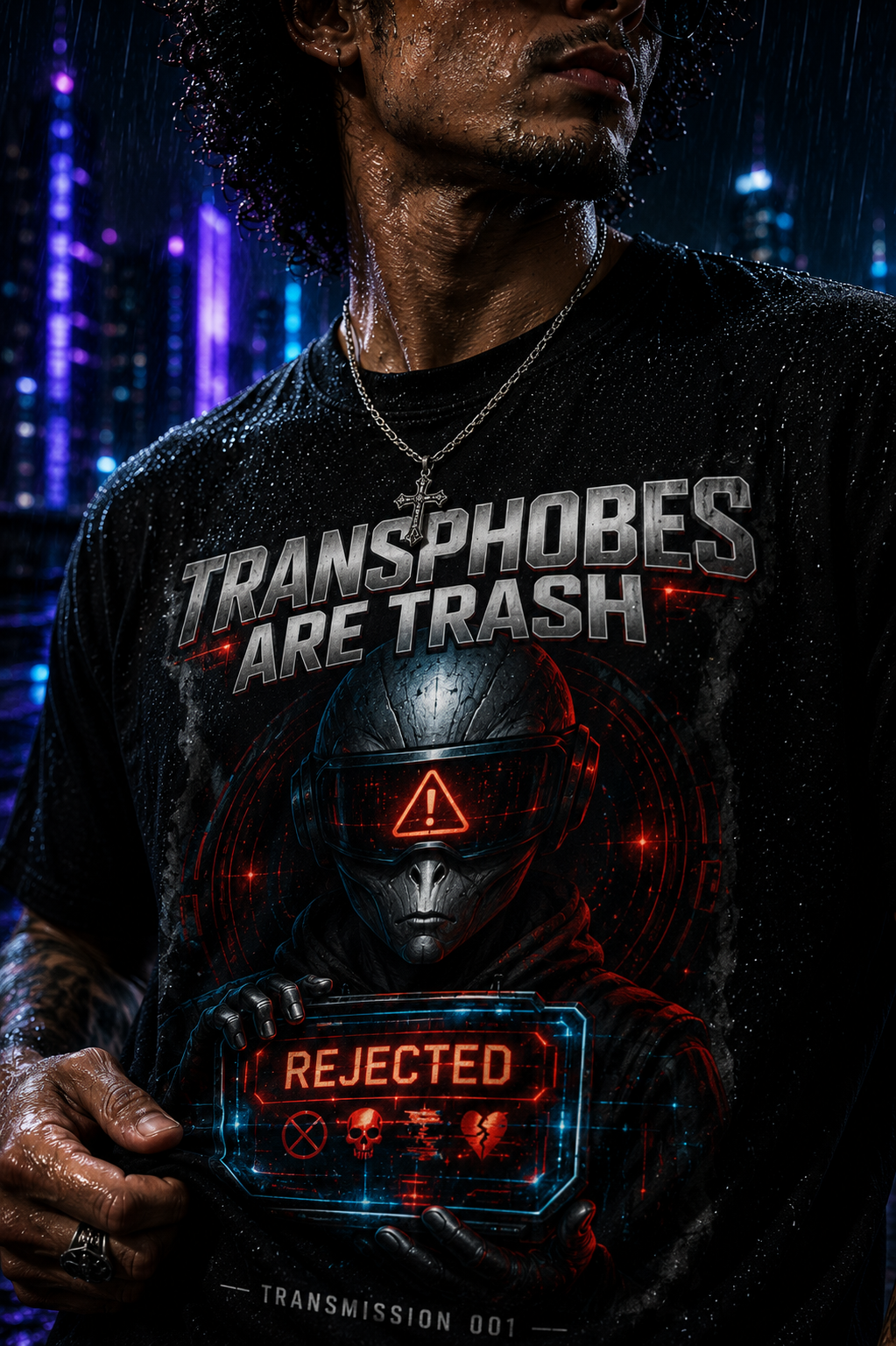 Exoticool Transphobes Are Trash alien streetwear t-shirt on model with futuristic cyberpunk alien artwork, luxury black graphic tee, neon city rooftop, Porsche and UFO backdrop.