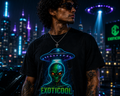 Model wearing the They Don’t Want You to Know tee on a concept car beneath a UFO.