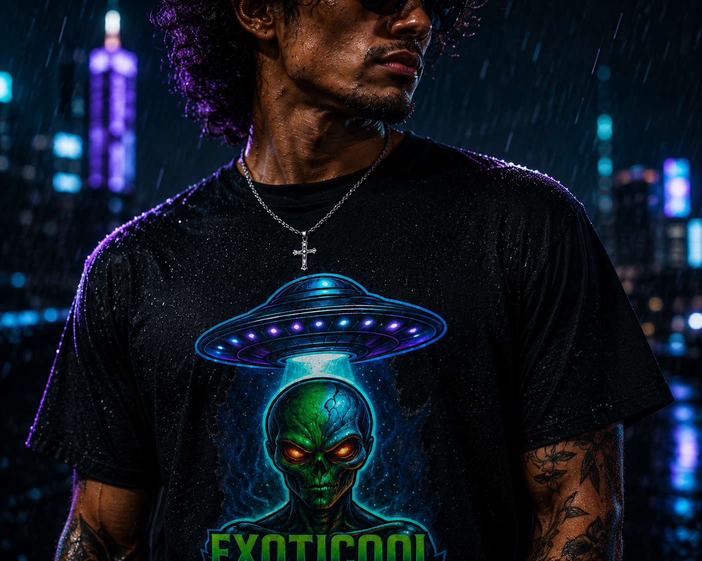 Model wearing the They Don’t Want You to Know alien signal graphic tee beneath a UFO.