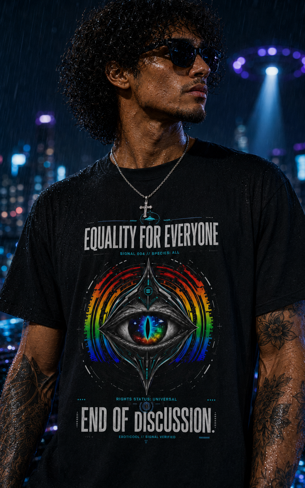 Male model wearing the Equality for Everyone graphic T-shirt on a rainy neon rooftop.