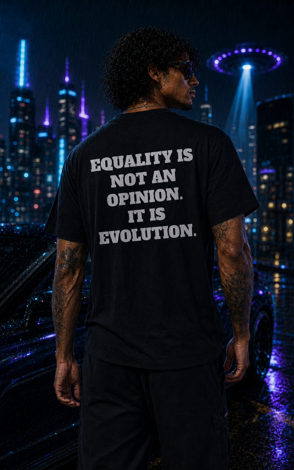 Back view of the Equality graphic T-shirt showing Equality Is Not an Opinion. It Is Evolution.