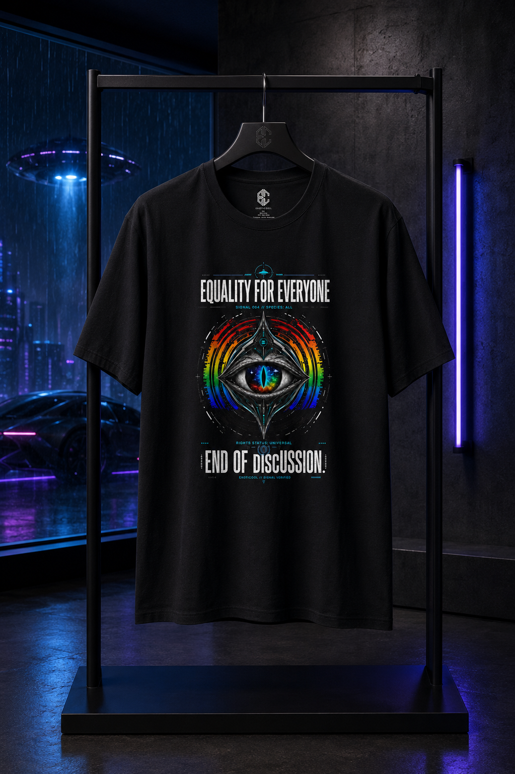 Black Equality for Everyone graphic T-shirt displayed on a rack in a futuristic boutique.