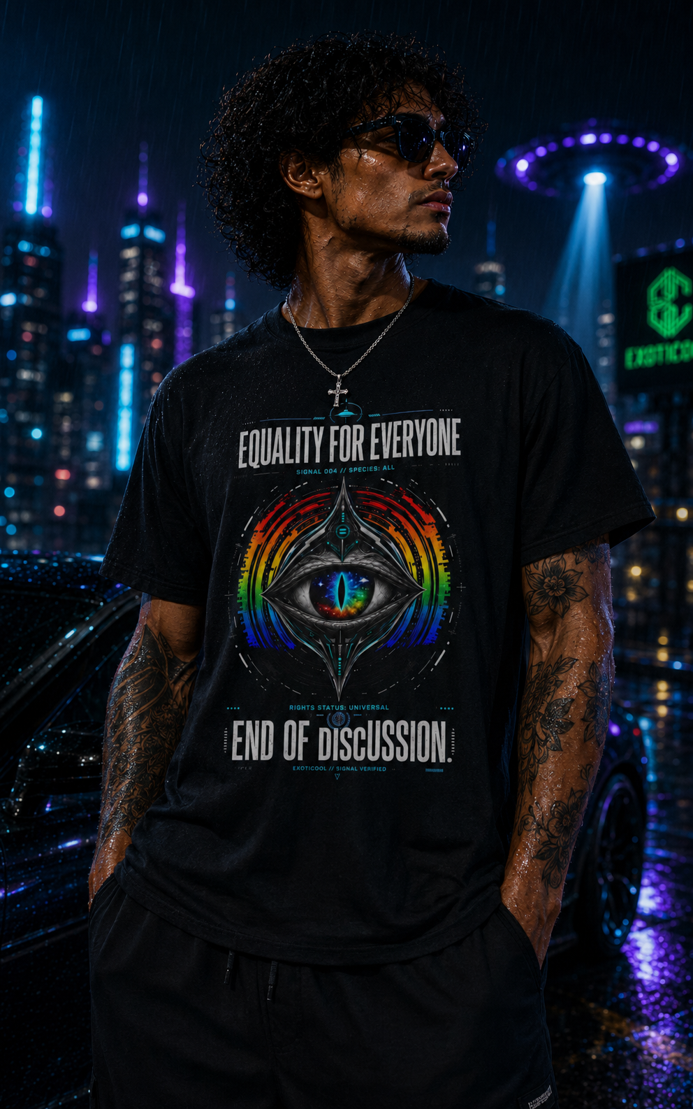 Macro view of the rainbow alien-eye print, black fabric, stitching and rain droplets.
