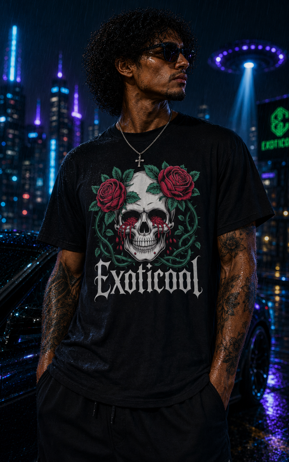 Male model wearing the System Glitch cyberpunk graphic tee on a rainy neon rooftop.