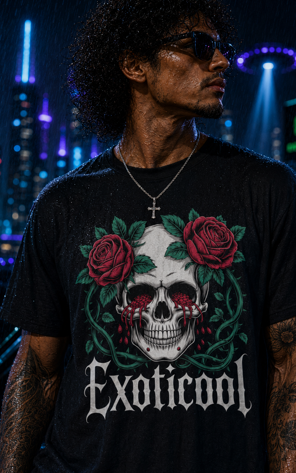Male model wearing the black System Glitch cyberpunk graphic tee with skull and rose artwork.