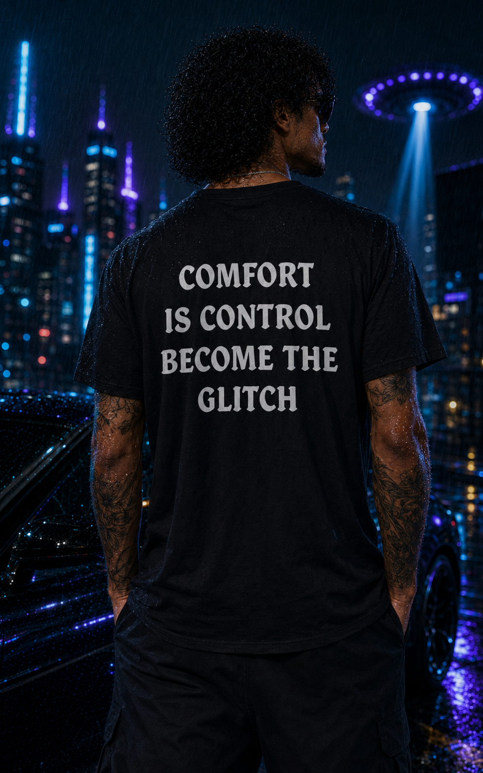 Back view of the System Glitch tee showing Comfort Is Control. Become the Glitch.