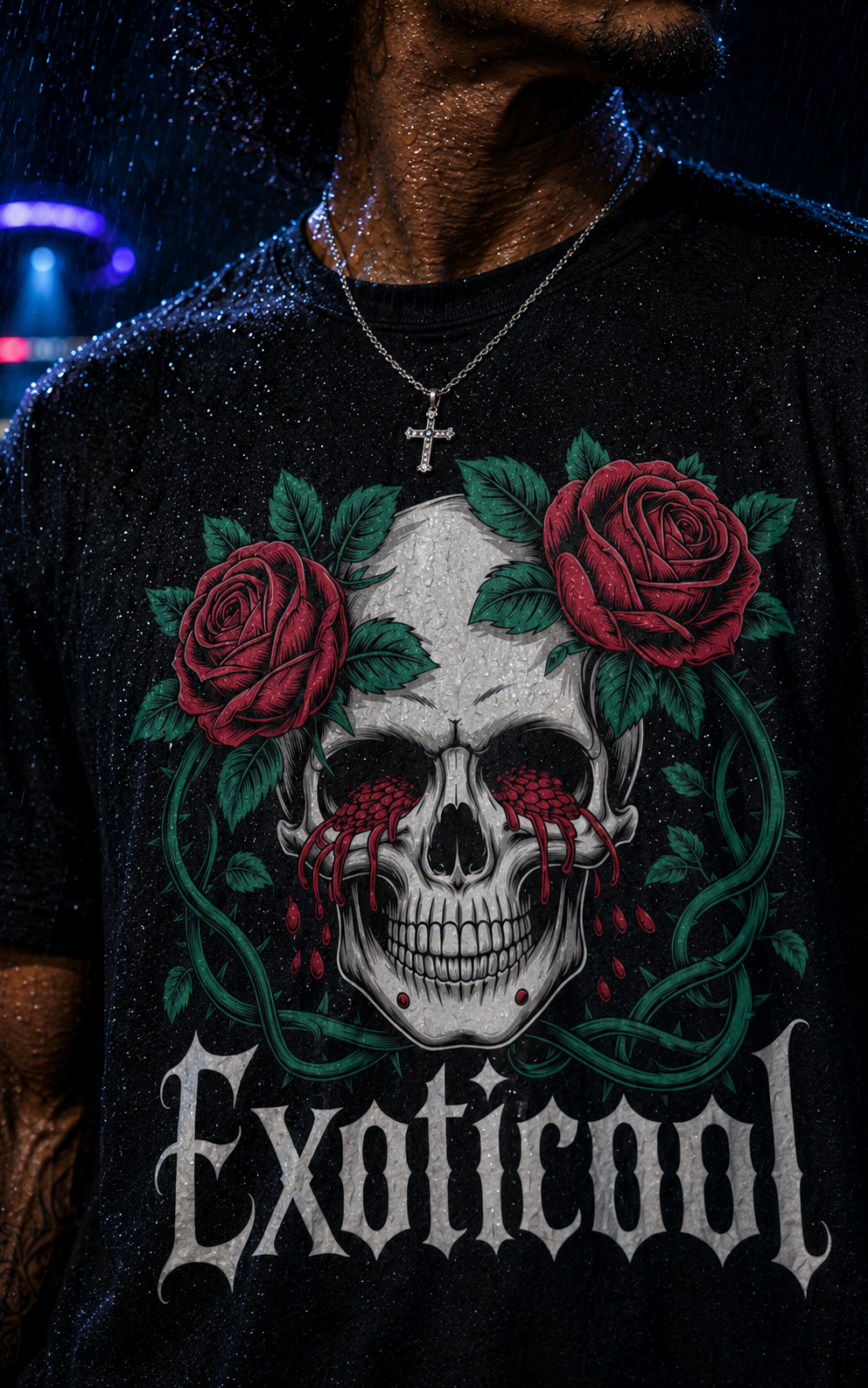 Macro view of the System Glitch skull-and-roses print, black fabric and collar stitching.