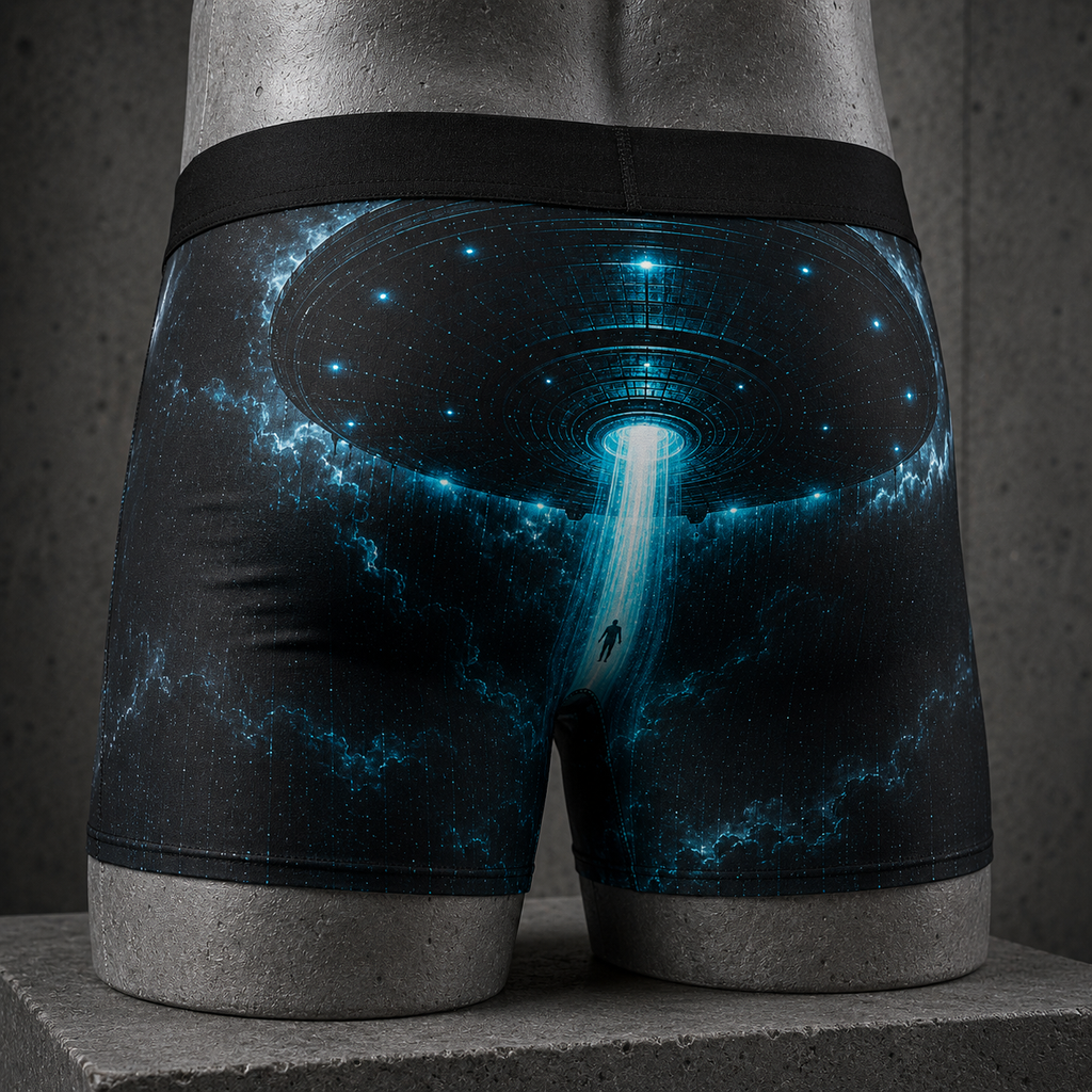 Close-up of the UFO artwork across the back of the Alien Abduction boxer briefs.