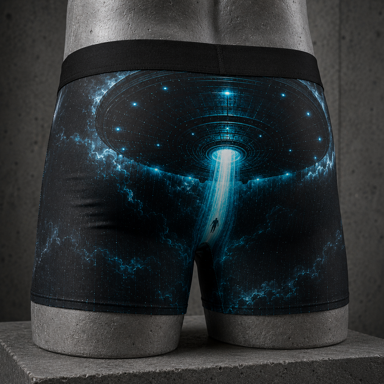 Close-up of the UFO artwork across the back of the Alien Abduction boxer briefs.