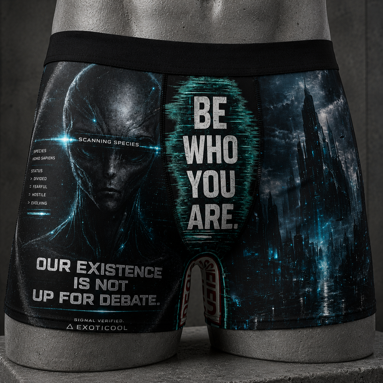 Close-up of the alien boxer briefs showing the all-over sci-fi print and stretch fabric.