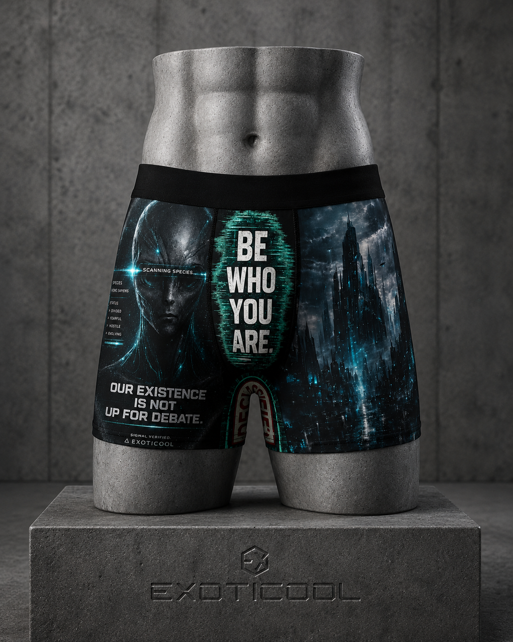 Front view of black alien boxer briefs with Be Who You Are artwork and a futuristic city.