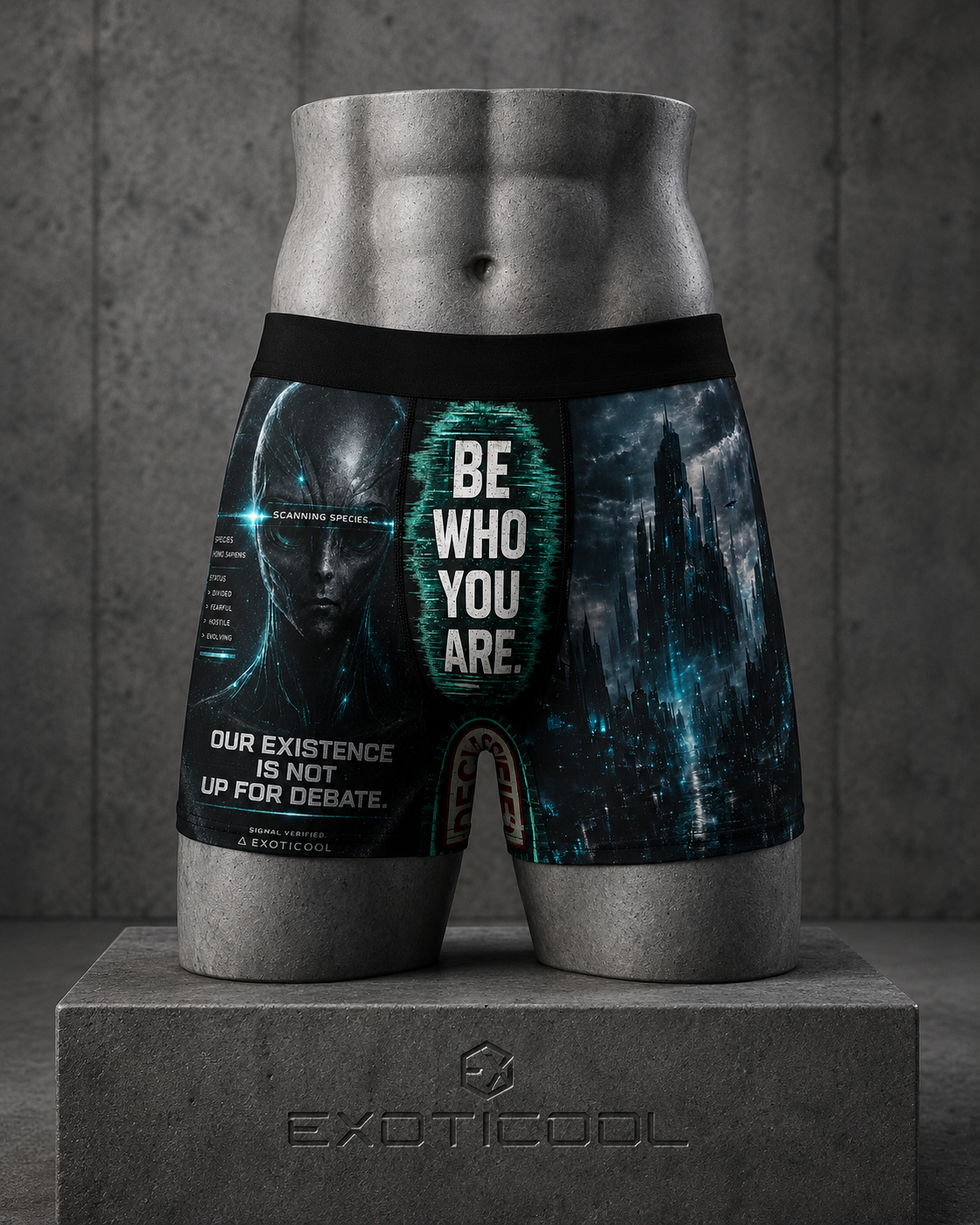 Front view of black alien boxer briefs with Be Who You Are artwork and a futuristic city.