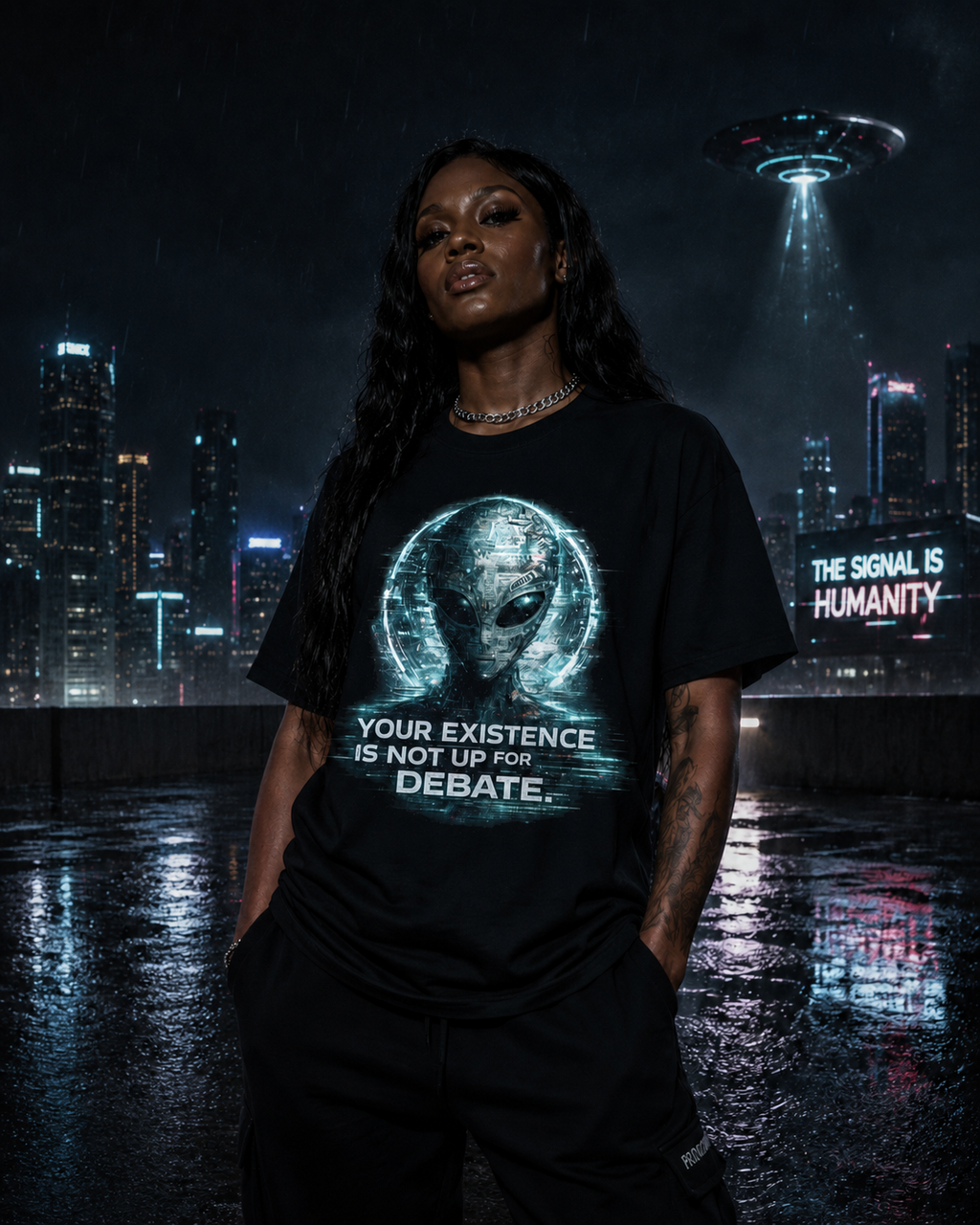 Front view of the Your Existence Is Not Up for Debate alien graphic tee on a neon rooftop.