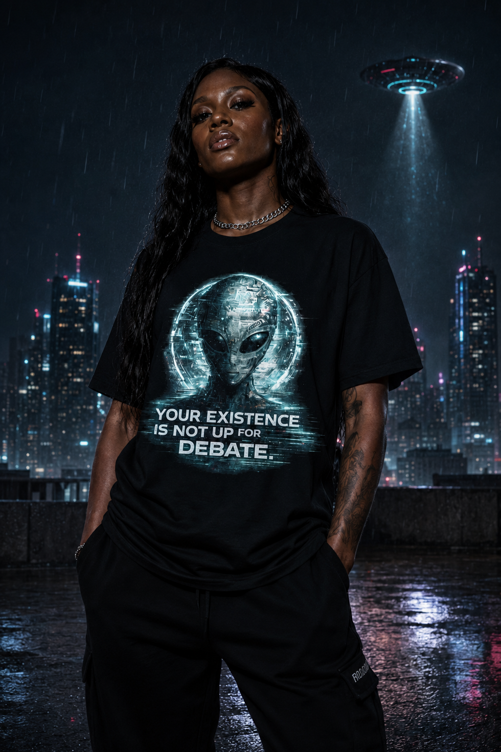 Black trans woman wearing the Your Existence Is Not Up for Debate alien graphic tee beneath a UFO.