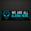 Front view of black Exoticool bumper sticker featuring a cyan alien symbol and “We Are All Aliens Here” text.