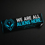 Angled view of black Exoticool “We Are All Aliens Here” bumper sticker with cyan alien artwork and a lifted corner.