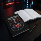 Transphobes Are Trash matte hardcover journal displayed in a dark futuristic setting.
