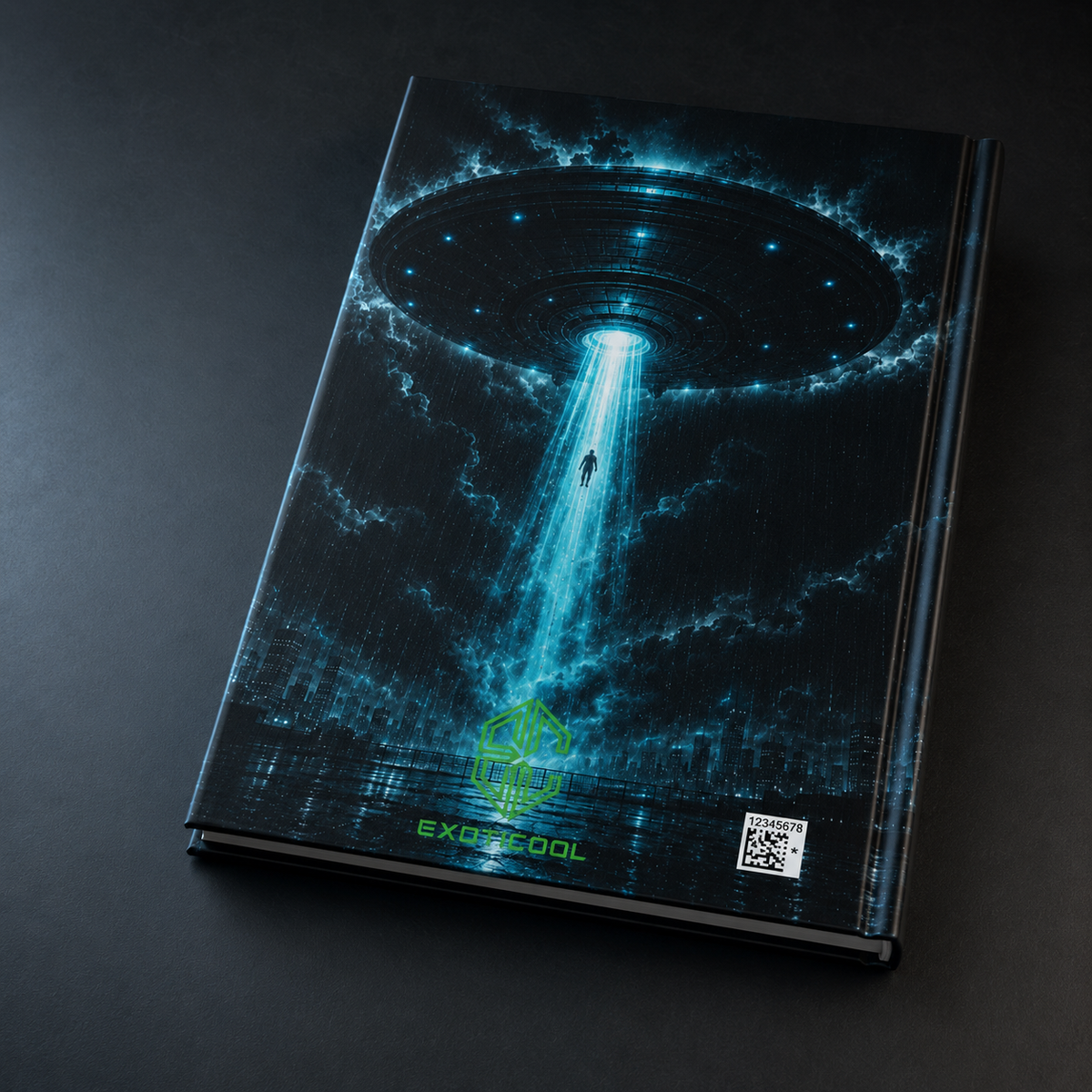 Back cover of the alien hardcover journal showing a UFO lifting a figure into a stormy sky.