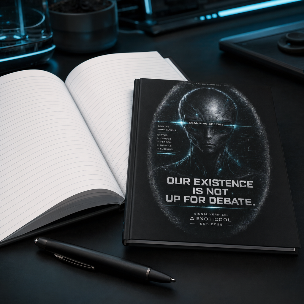 Our Existence Is Not Up for Debate hardcover journal displayed in a dark sci-fi setting.