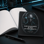 Our Existence Is Not Up for Debate hardcover journal displayed in a dark sci-fi setting.