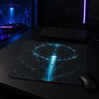 UFO Abduction mouse pad displayed with a black mouse and keyboard in a futuristic gaming workstation.

