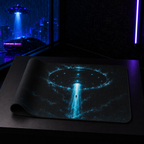 Partially rolled UFO Abduction mouse pad displayed on a boutique counter with the complete stormy artwork visible.

