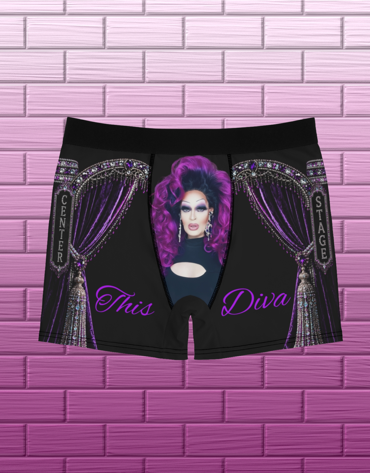 Black drag glam boxer briefs with portrait graphic, purple jeweled curtains and This Diva lettering