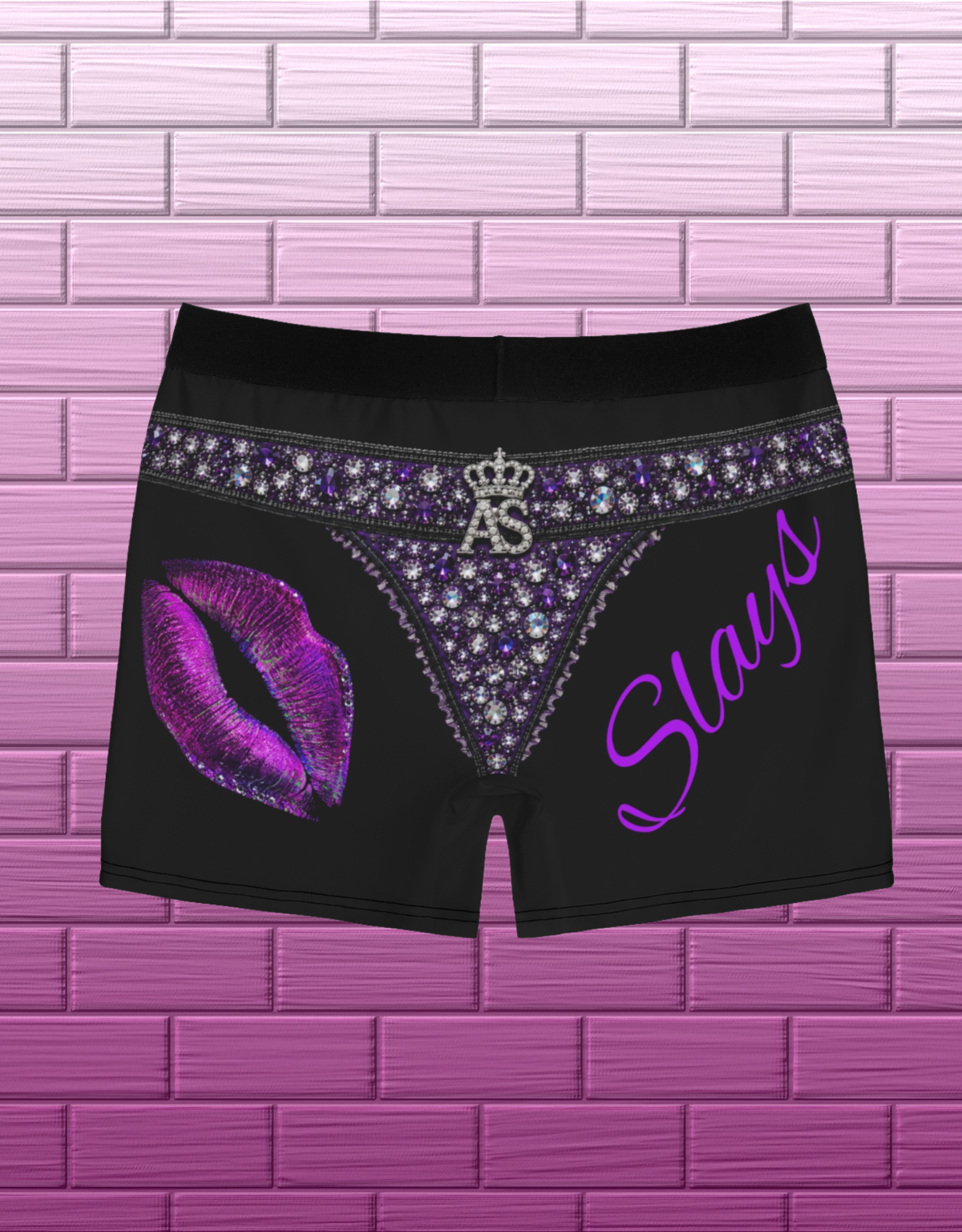 Back view of black drag glam boxer briefs with purple rhinestone lips, crystal details and Slay lettering