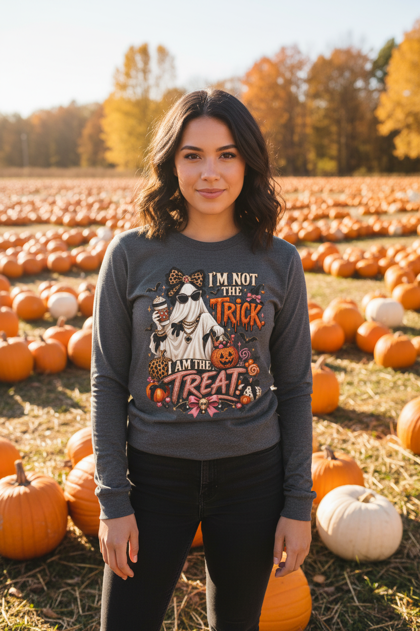 Adult model wearing I’m Not the Trick I Am the Treat Halloween long sleeve graphic tee at a pumpkin patch