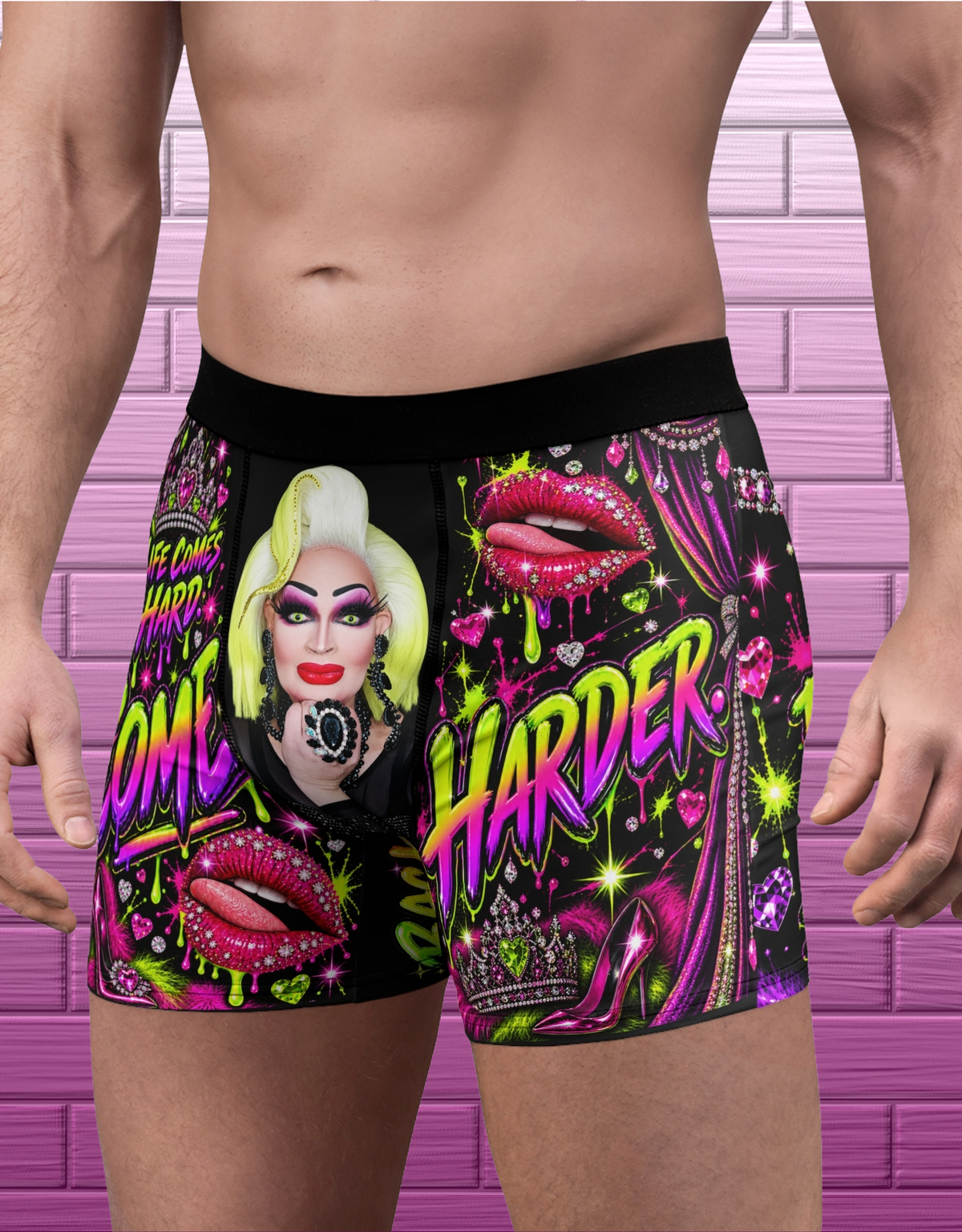 Adult model wearing black neon drag glam boxer briefs with portrait, rhinestones, lips and Come Harder graphic