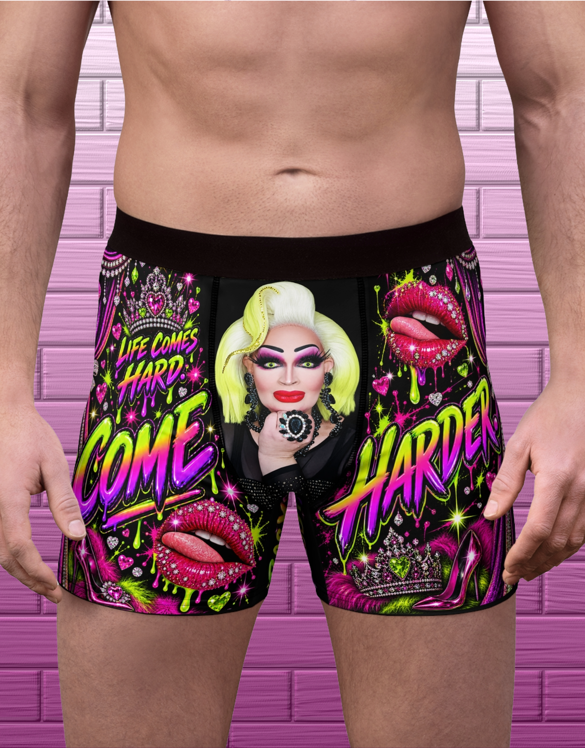 Adult model wearing Life Comes Hard Come Harder drag glam boxer briefs with neon portrait front design