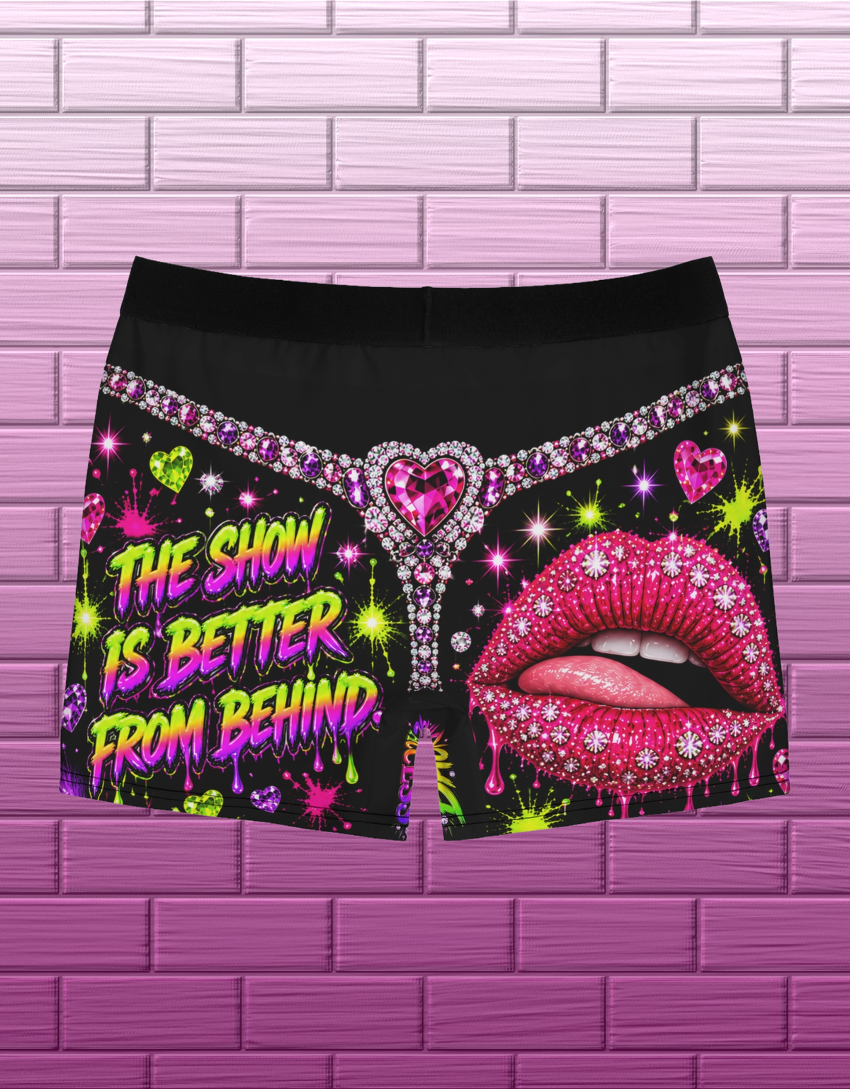 Back view of black drag glam boxer briefs with The Show Is Better From Behind text, rhinestone thong design and jeweled lips