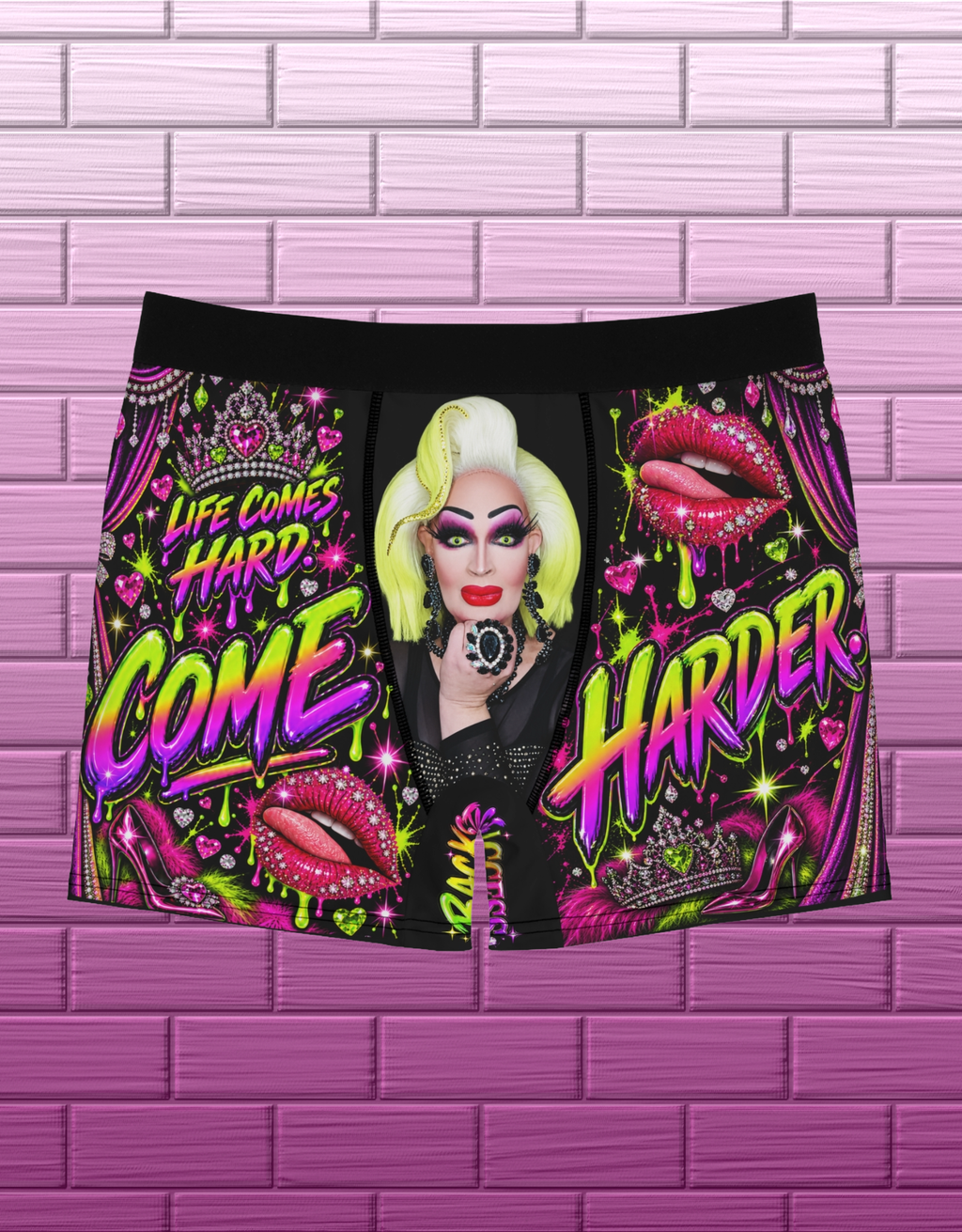 Black drag glam boxer briefs with portrait centerpiece, neon Come Harder lettering, rhinestones and jeweled lips