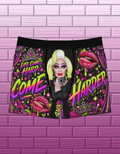 Black drag glam boxer briefs with portrait centerpiece, neon Come Harder lettering, rhinestones and jeweled lips