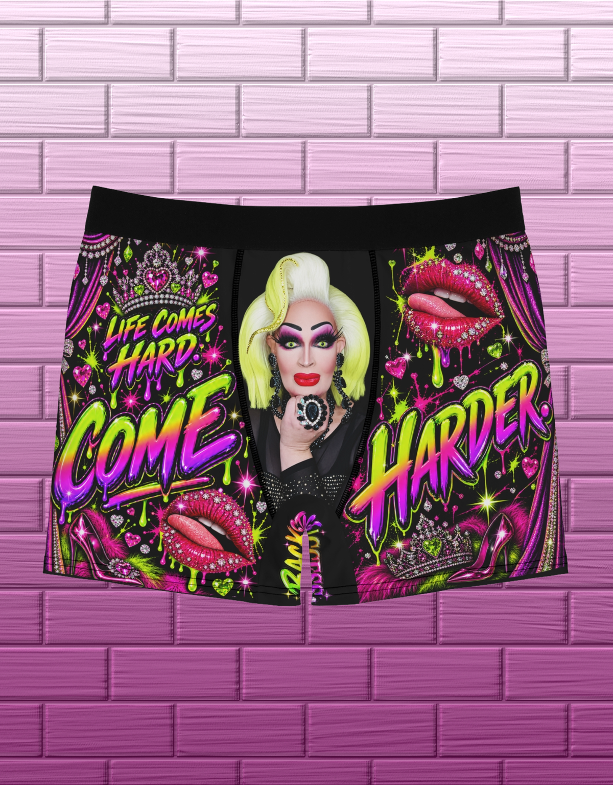 Black drag glam boxer briefs with portrait centerpiece, neon Come Harder lettering, rhinestones and jeweled lips