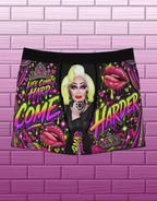 Black drag glam boxer briefs with portrait centerpiece, neon Come Harder lettering, rhinestones and jeweled lips