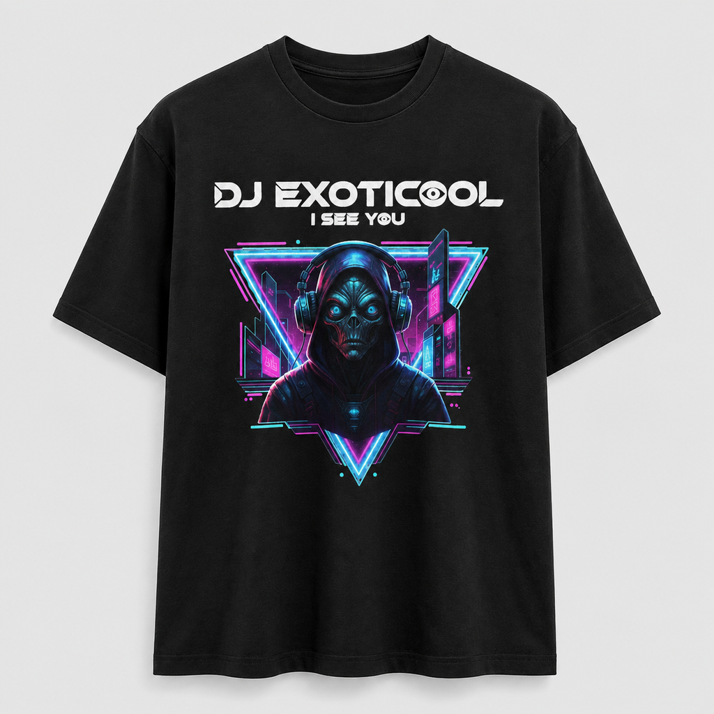 DJ Exoticool I See You black cyberpunk graphic tee front view