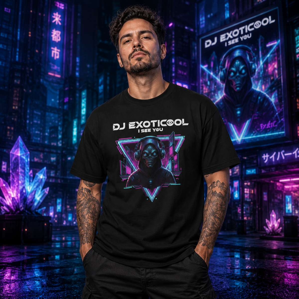 Model wearing DJ Exoticool I See You cyberpunk graphic music tee