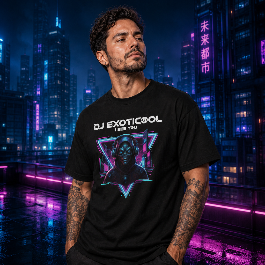 Three-quarter view of DJ Exoticool I See You black graphic tee on model