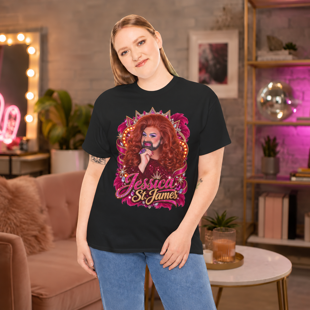 Woman wearing the Jessica St. James black heavy cotton graphic tee in a glamorous vanity room setting