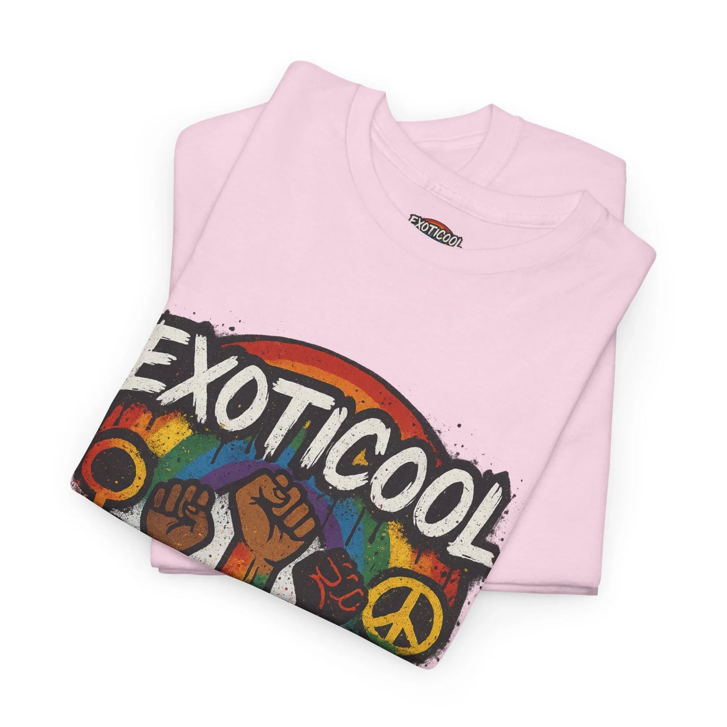 Pink EXOTICOOL t-shirt with rainbow, raised fists, peace symbol, and colorful graphic design