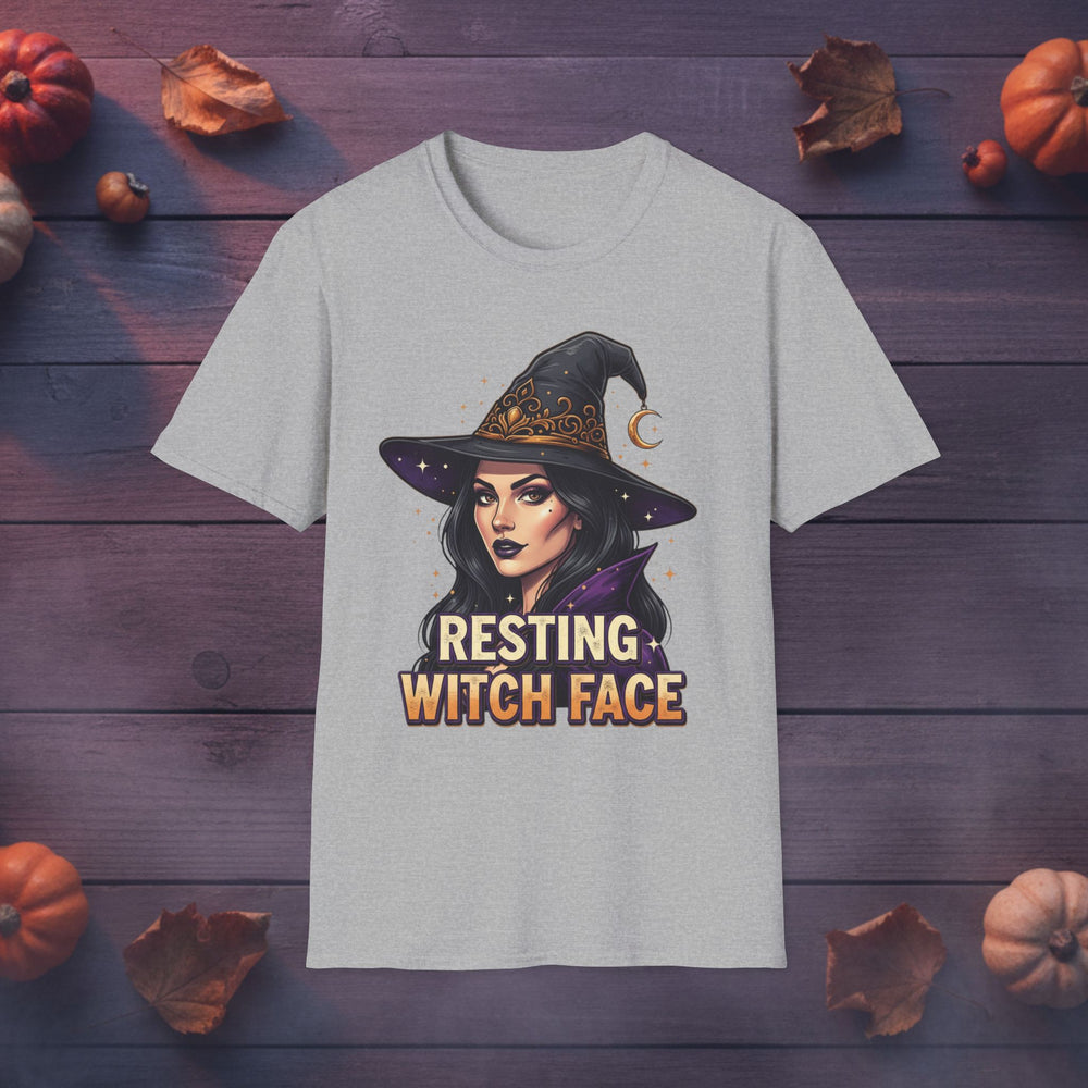 Resting Witch Face Halloween graphic tee in sport gray, front view on dark wood background
