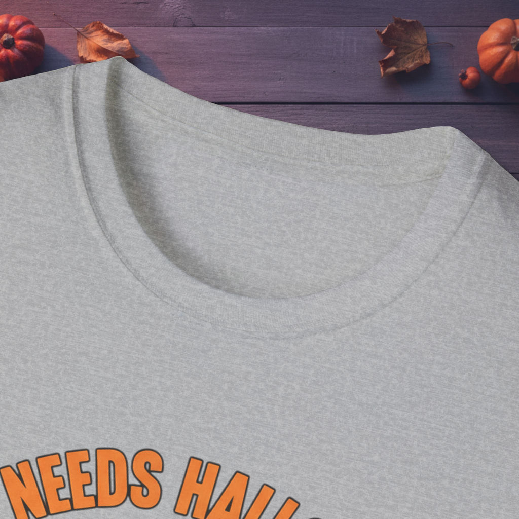 Close-up of neckline and ghost artwork on the Who Needs Halloween? tee in sport gray