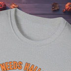 Close-up of neckline and ghost artwork on the Who Needs Halloween? tee in sport gray