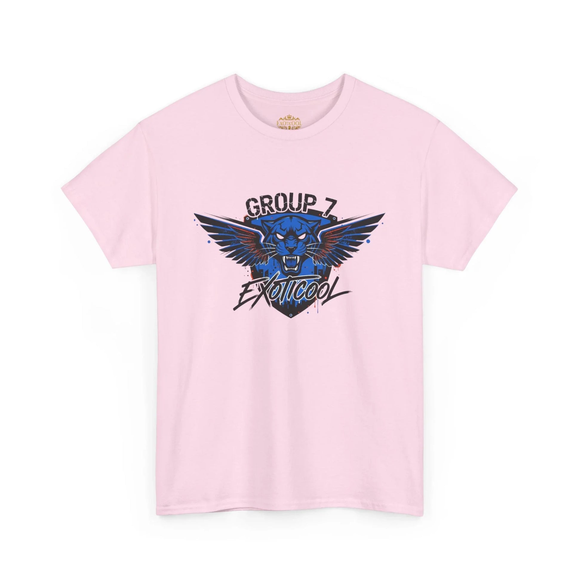 Pink t-shirt with blue panther and wings graphic, Group 7 Exoticool streetwear design