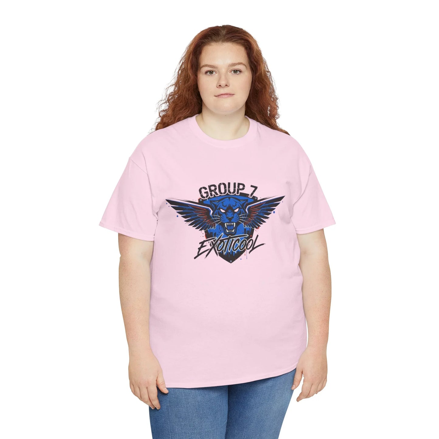 Woman in pink t-shirt with Group 7 Exoticool blue winged tiger graphic, white background