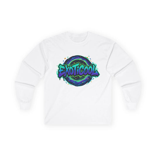 White long sleeve t-shirt with colorful EXOTICOOL graffiti logo on front